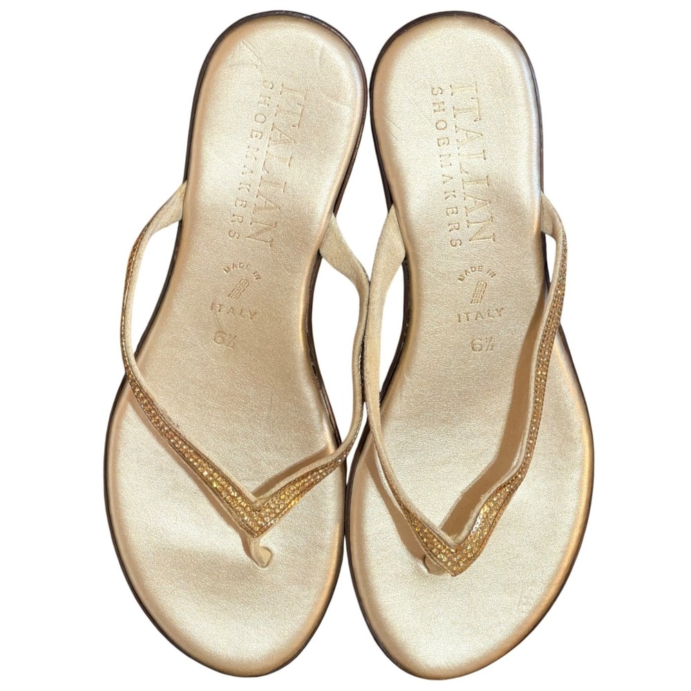 Italian Shoemakers Sandals Womens 6.5 Gold Rhinestone Thong Flat Wedge Coastal